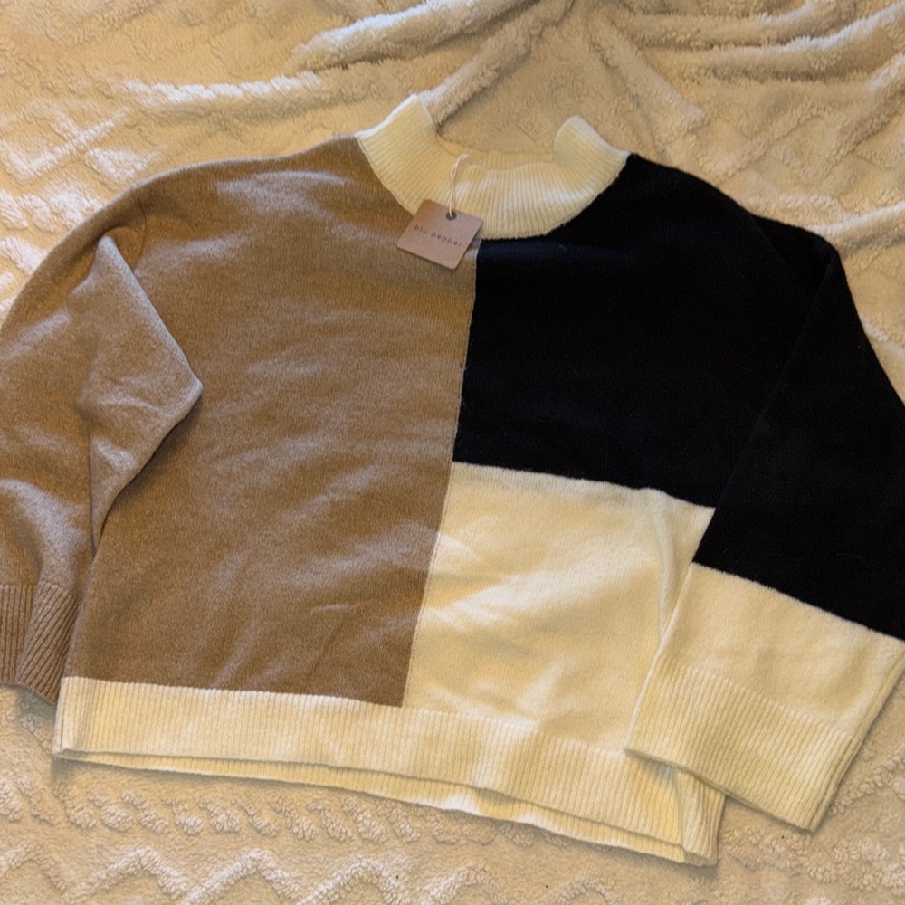 Blu Pepper Color Block Cowl Sweater in Black, White, and Tan
